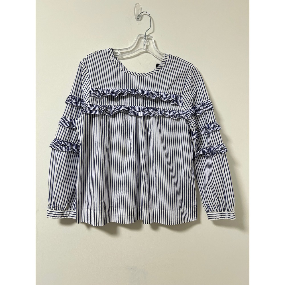 J.Crew Ruffle Tiered Sleeve Striped Top Women 6 Blue White Preppy Cotton Poplin